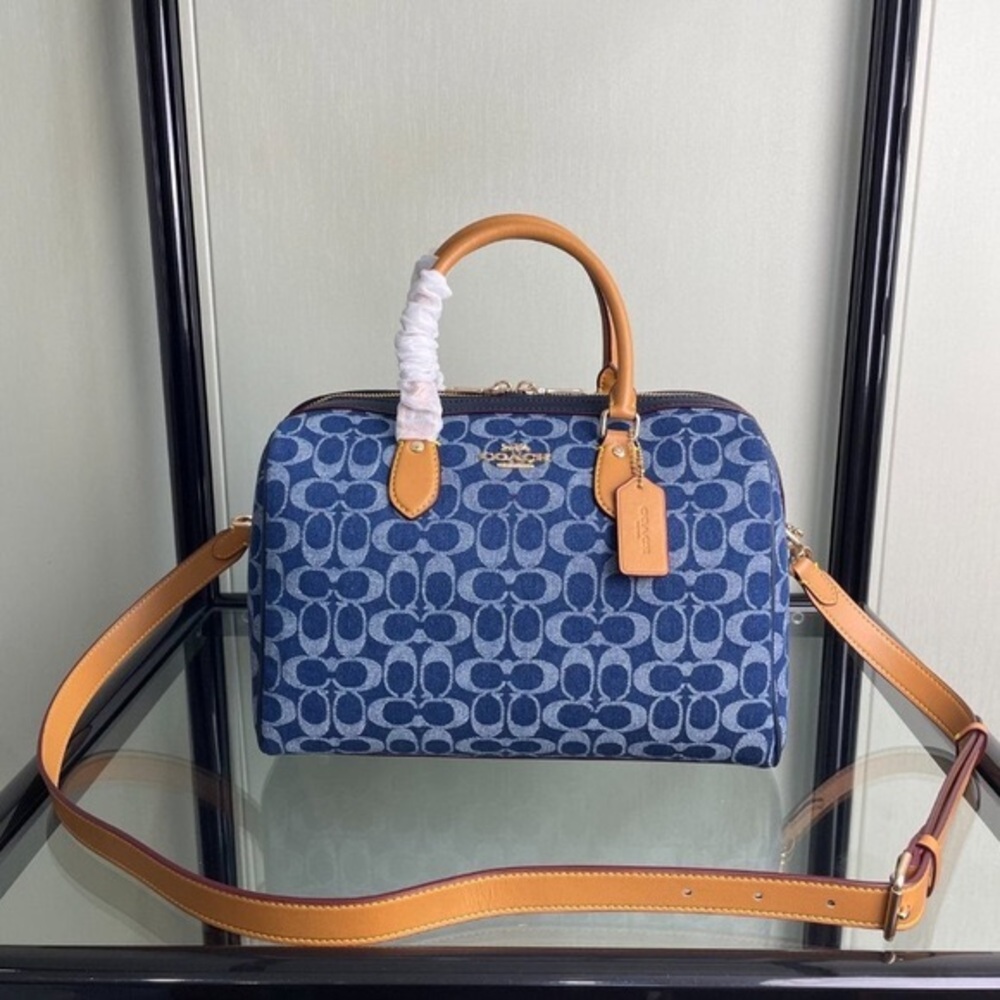 Coach Navy Signature Dome Satchel with Tan Trim